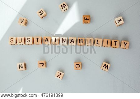 Eco-friendly Cubes. The Word Sustainability Is Made Up Of Wooden Cubes On A Gray Concrete Background