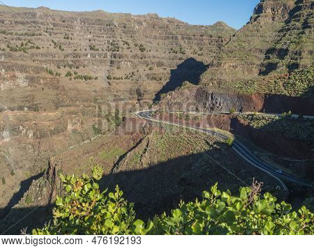 Aerial View From Mirador De La Curva Del Queso. Green Valley Of Valle Gran Rey With Mountain Cliffs,