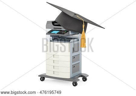 Office Multifunction Printer Mfp With Graduation Hat. 3d Rendering Isolated On White Background