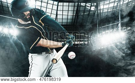 Porfessional Baseball Player With Bat Taking A Swing On Grand Arena. Ballplayer On Stadium In Action