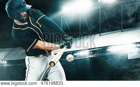 Porfessional Baseball Player With Bat Taking A Swing On Grand Arena. Ballplayer On Stadium In Action