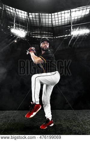 Porfessional Baseball Player With Ball On Grand Arena. Ballplayer On Stadium In Action.