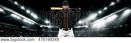 Wide Photo. Porfessional Baseball Player With Ball On Grand Arena. Ballplayer On Stadium In Action.