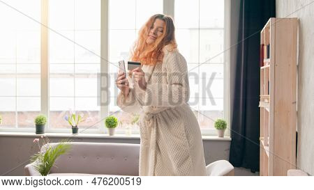 Happy Carefree Woman Smiling Excited Girl In Bathrobe At Home Dancing Funny Celebrate Discount Onlin