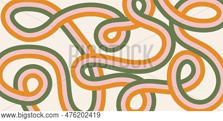 Retro Abstract Curves Vector Background In Style 60-70s. Pastel Color Stripes On Beige Backdrop. Gro