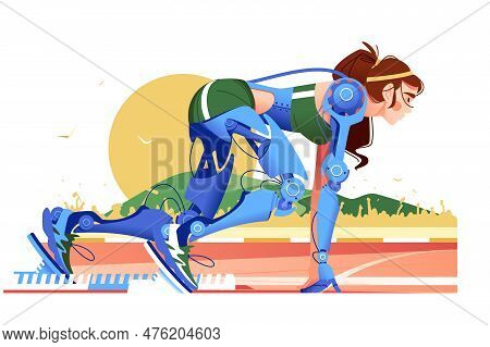 Girl Runner - Robot Ready To Start On Track, Vector Illustration. Sports Competitions Of Future Conc