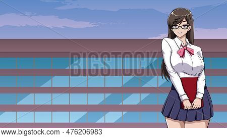 Anime Or Manga Style Illustration Of Schoolgirl In School Uniform Holding Book.