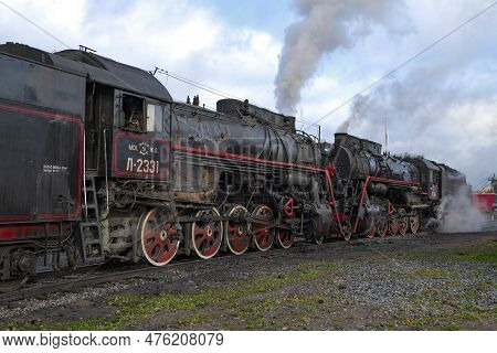 Sortavala, Russia - October 09, 2022: Two Old Soviet Steam Locomotives Of The L Series On The Sortav