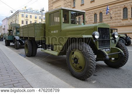 Saint Petersburg, Russia - May 04, 2023: Soviet Truck Zis-5v Close-up. Preparations For The Rehearsa