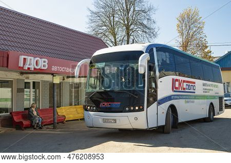 Gdov, Russia - May 08, 2023: Intercity Bus At The City Bus Station