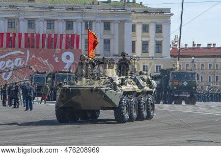 Saint Petersburg, Russia - May 09, 2023: Armored Personnel Carrier Btr-82a On The Military Parade In