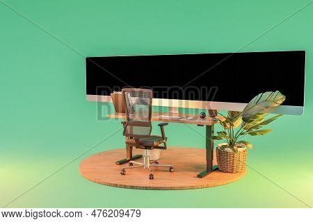 Single Computer Workspace On Podium With Giant Widescreen Monitor Display; Freelance And Home Office