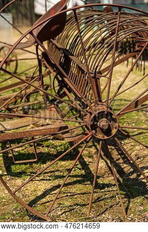 Vintage Plowing Machine. Old Farm Machinery. Old Rusty Plow. Nobody, Selective Focus.