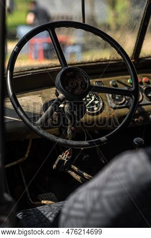 Cabin Of An Old Rusty Car. Old Abandoned Car.
