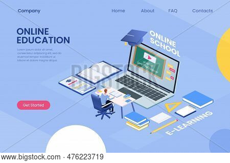 Online Education Landing. Studying In School And University. 3d Computer Concept. Students Note Book