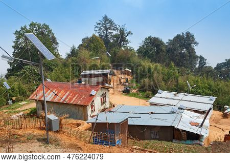 Solar Panel For Supplying Electricity To A Small Village In Sikkim, India. Alternative Source Of Ene