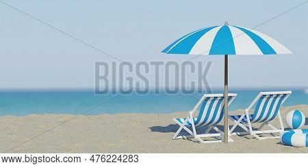 3d Rendering. Beautiful Beach. Chairs On The Sandy Beach Near The Sea. Summer Holiday And Vacation C