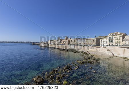 Syracuse, Sicily, Italy - April 29, 2023: Beautiful View Of Promenade Lungomare D'ortygia By Ionian 