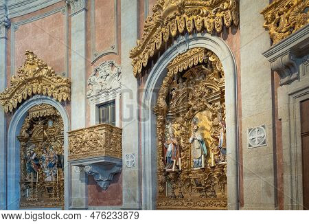 Porto, Portugal - April 19, 2023: Adetail Of The Nave Of The Dos Clericos Church
