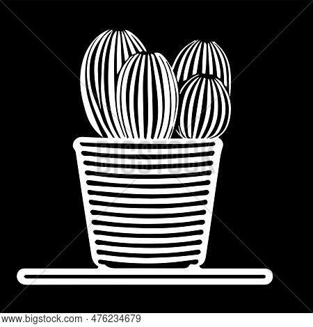 White Outline Hand Drawing Vector Illustration Of A Decorative Cactus Hedgehog Plant In A Pot Isolat