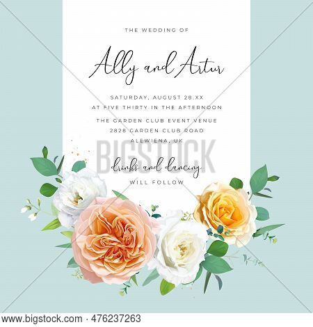 Vector Floral Wedding Invite, Save The Date Card. Watercolor Peach, Yellow Roses, White Jasmine Flow