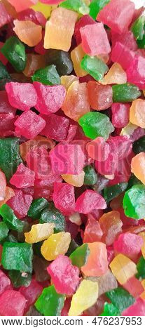 Close Up Of Colourful Tutti Frutti Kandy. Also Known As Jelly, Pineapple Bits, Satpuda Sweets In Ind