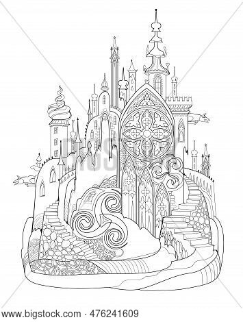 Fantasy Illustration Of Medieval Gothic Castle. Fairyland Celtic Kingdom. Black And White Page For C