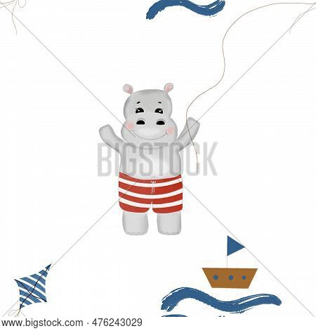 Seamless Repeat Pattern Cute Hippo With Boat And Kite. Nautical Minimalistic Pattern With A Hippo Wi