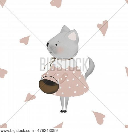 Seamless Repeat Pattern Cute Kitty And Hearts. Minimalism In Retro Style. Used For Childrens Testing