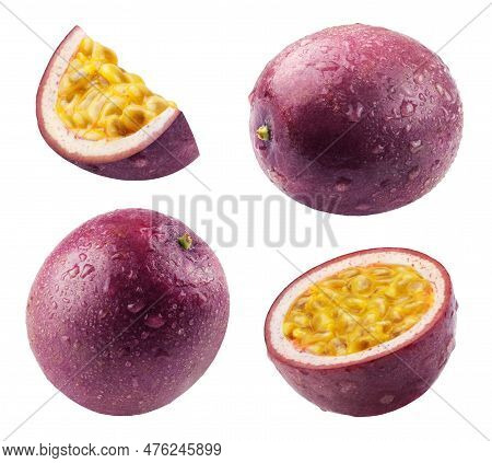 Passion Fruit Isolated. Ripe Passion Fruit, Half And Slice Of Fruit In Drops Of Water On A White Bac