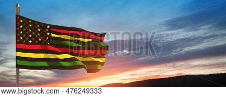 Alternative Juneteenth Flag On Flagpole With Sunrise Or Sunset. Since 1865. Banner With Place For Te