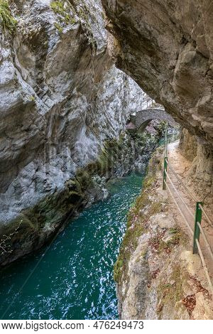 River In The Areuse Gorge Surrounded By Steep Cliffs, Switzerland