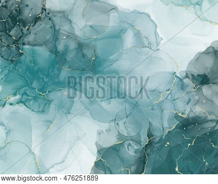 Turquoise Mint With Liquid Marble, With Golden Lines And Brush Marks. Teal Turquoise Marble Alcohol 