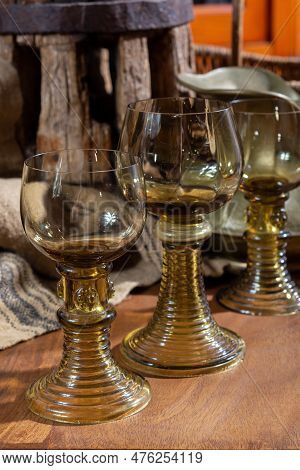 Empty Antique German Glassware, Old Dutch Style Rummer Or Roemer Glasses