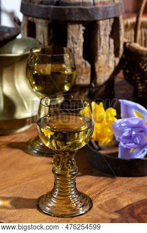 Antique German Glassware, Old Dutch Style Rummer Or Roemer Glasses With White Wine And Flowers