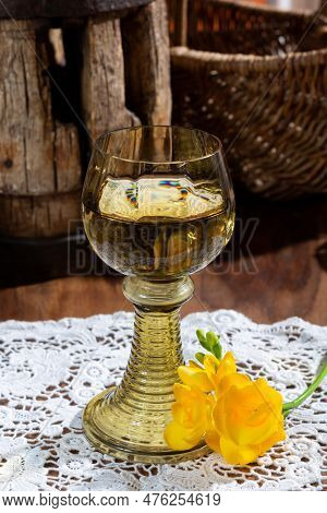 Antique German Glassware, Old Dutch Style Rummer Or Roemer Glasses With White Wine On White Lace Tab
