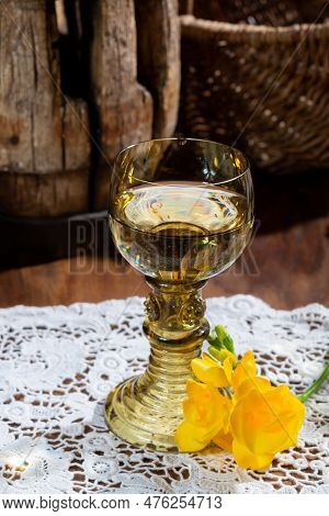 Antique German Glassware, Old Dutch Style Rummer Or Roemer Glasses With White Wine On White Lace Tab