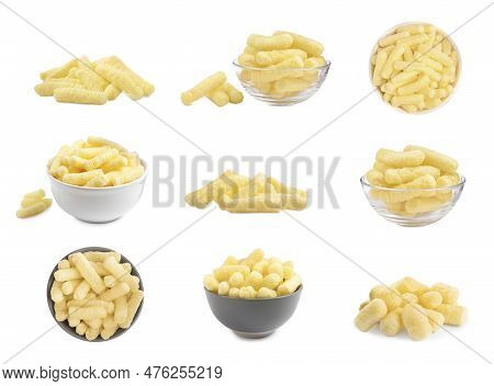 Collage With Tasty Corn Sticks On White Background