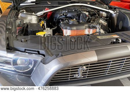 Bordeaux , Aquitaine  France - 05 09 2023 : Ford Mustang Shelby Engine Motor Muscle American Text Br