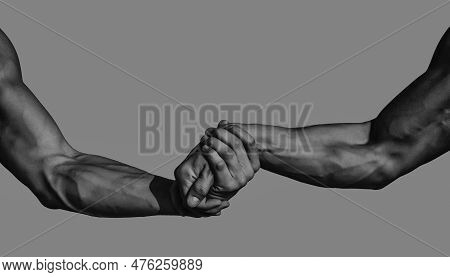 Helping Hand, Support. Close Up Help Hand. Two Hands, Helping Arm Of A Friends, Teamwork. Rescue, He