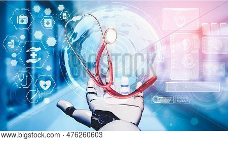 3d Rendering Medical Artificial Intelligence Droid Robot Working In Future Hospital. Futuristic Pros