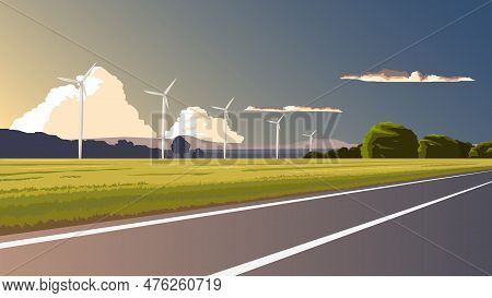 Copy Space Flat Vector Illustration. Empty Asphalt Road Passing Wide Open Fields And Towers Of Wind 