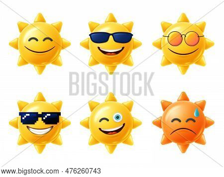 Sun 3d Character. Happy Yellow Sun Emoji With Smiled Face And Sunglasses, Hot Summer Season Vector I