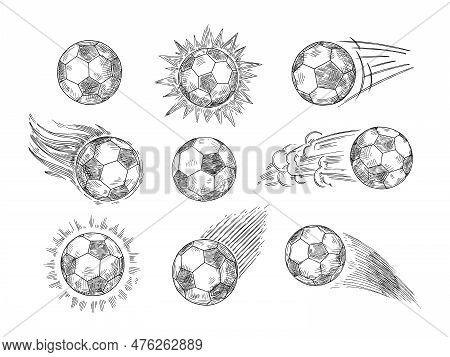 Sketch Soccer Balls. Hand Drawn Flying Association Football Ball, European Sport And Fast Motion Bla