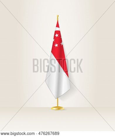 Singapore Flag On A Flag Stand. Vector Illustration.
