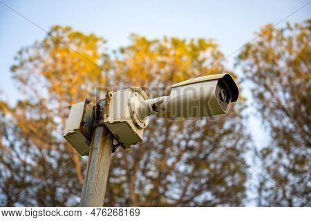 Cc.tv. Cameras On Metal Poles In Public Parks For The Monitor, Observing, And Recording Evident Of T