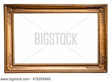 Old Horizontal Long Rococo Wooden Picture Frame Isolated On White Background With Cut Out Canvas