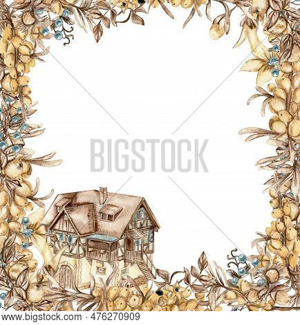 Watercolor Autumn Square Frame With Sea Buckthorn Llustration Of Autumn For Scrapbooking, Nvitation,