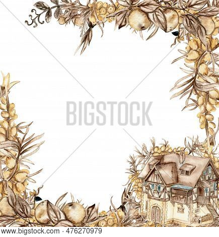 Watercolor Autumn Square Frame With Sea Buckthorn Llustration Of Autumn For Scrapbooking, Nvitation,