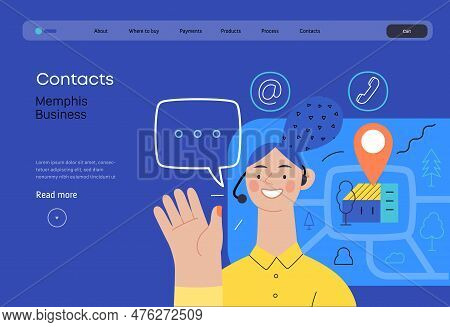 Memphis Business Illustration. Contacts -modern Flat Vector Concept Illustration Of A Female Call Ce